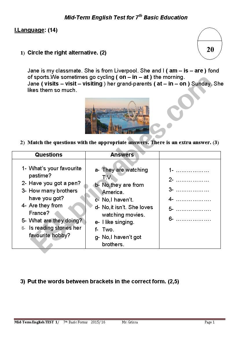 7th form English Test N1 worksheet