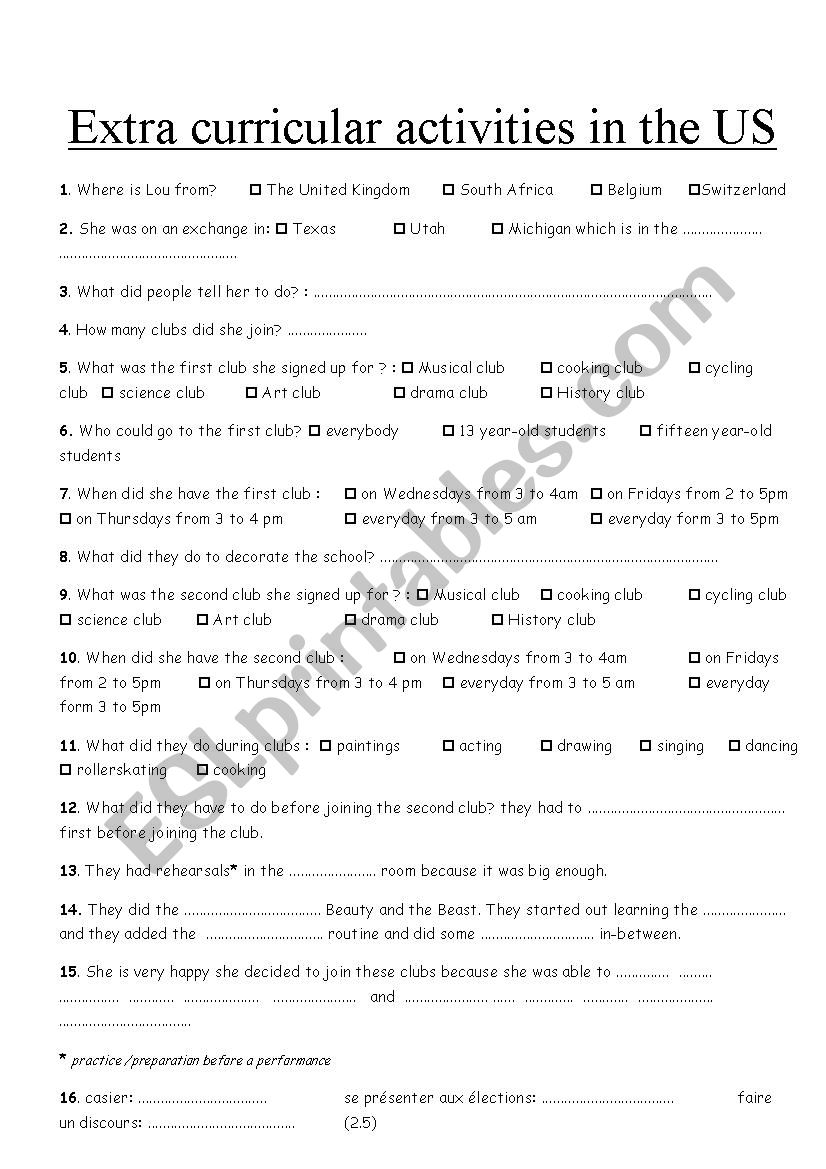 extra-curricular activities worksheet