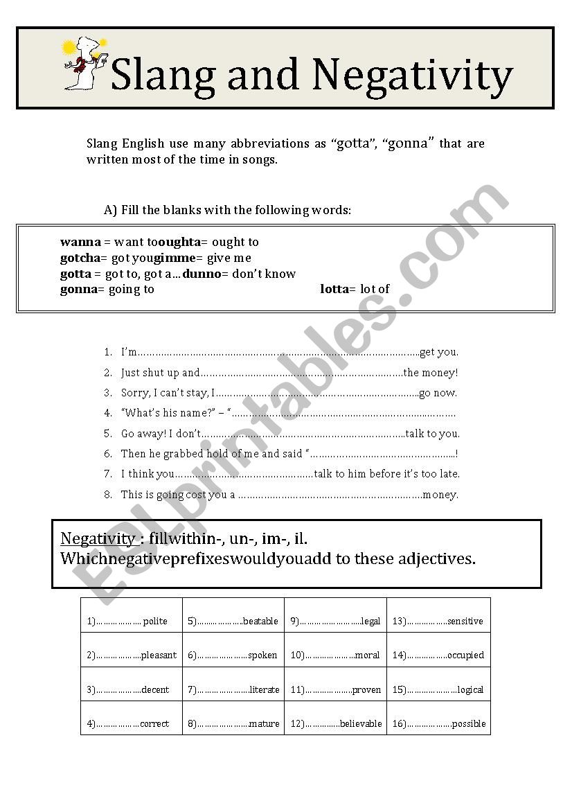 SLANG AND NEGATIVITY worksheet