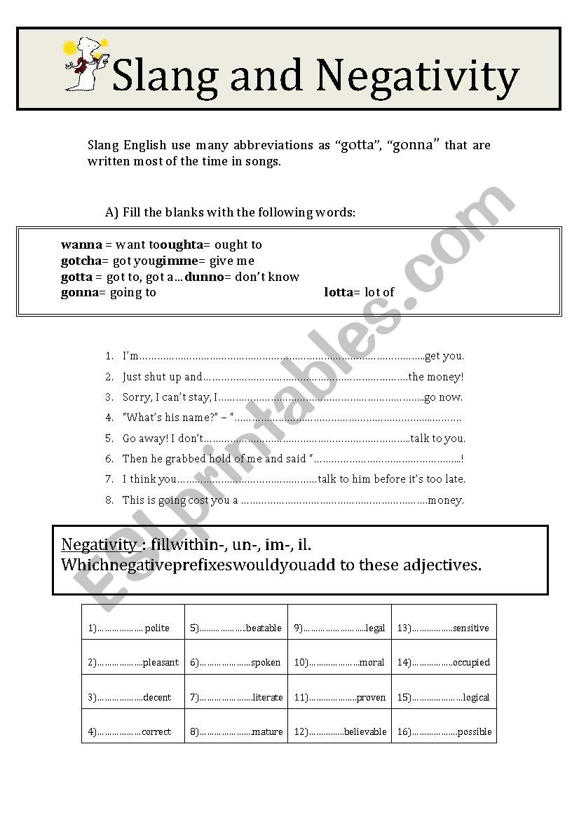 SLANG AND NEGATIVITY worksheet