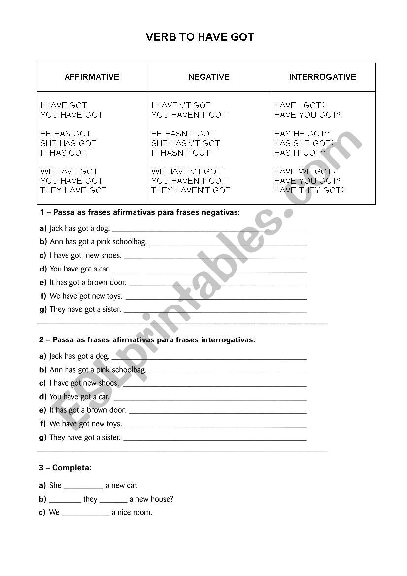 verb to have got worksheet