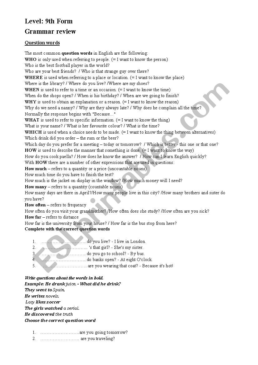 grammar review 9th form worksheet