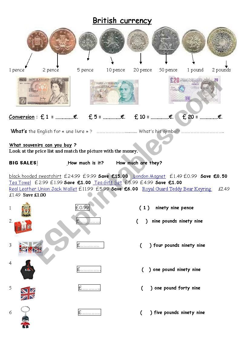 British Currency Worksheet worksheet
