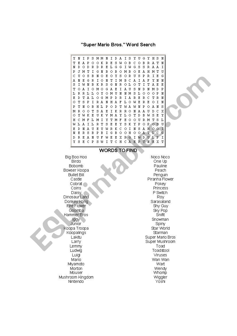 Super Mario Word Search worksheet