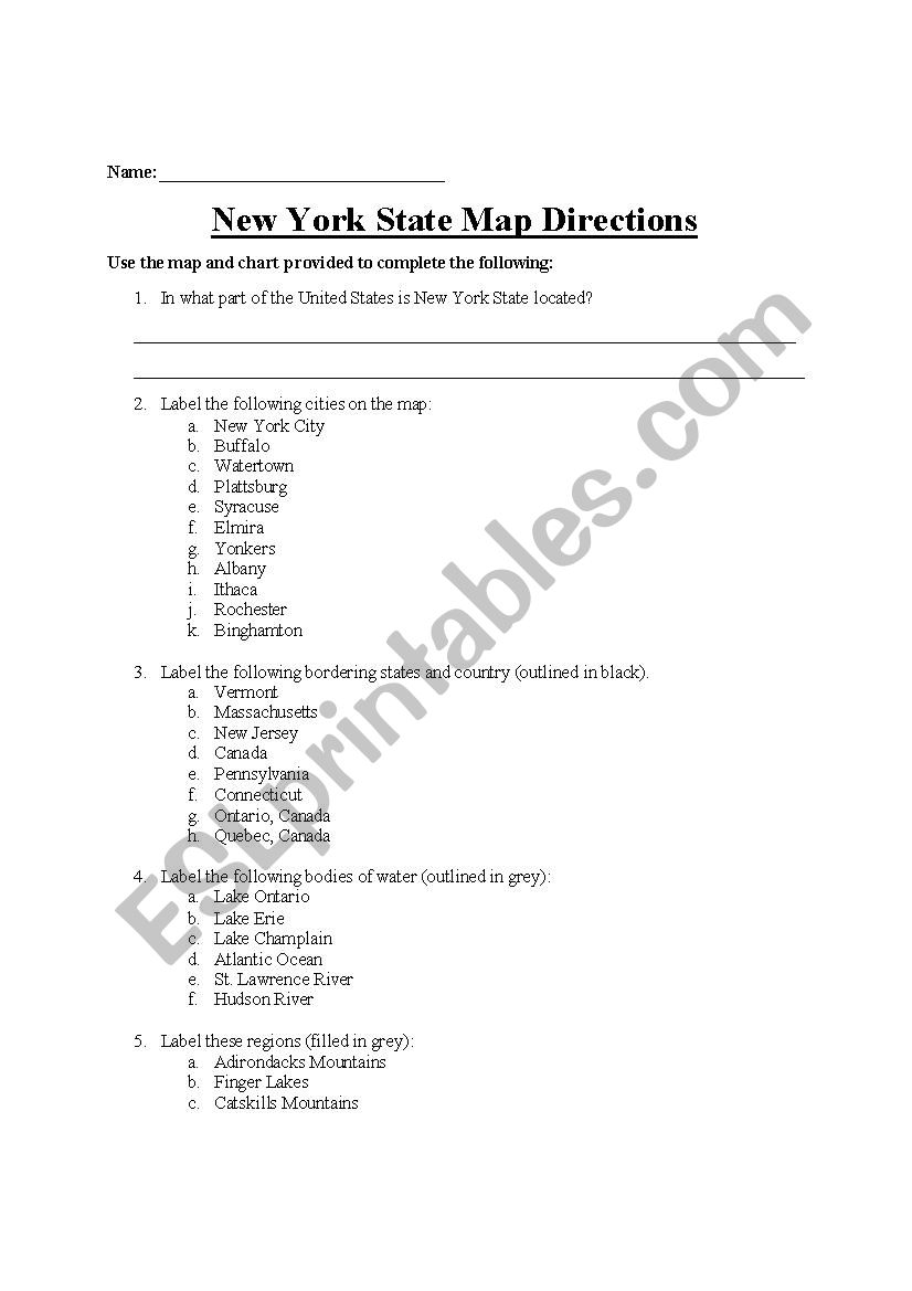 New York State Map Activity worksheet
