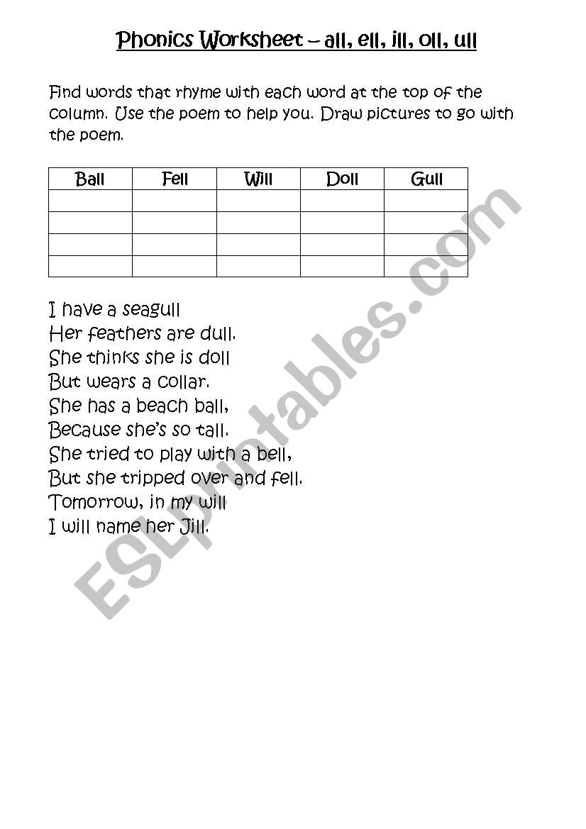 Phonic Worksheet - all, ell, ull