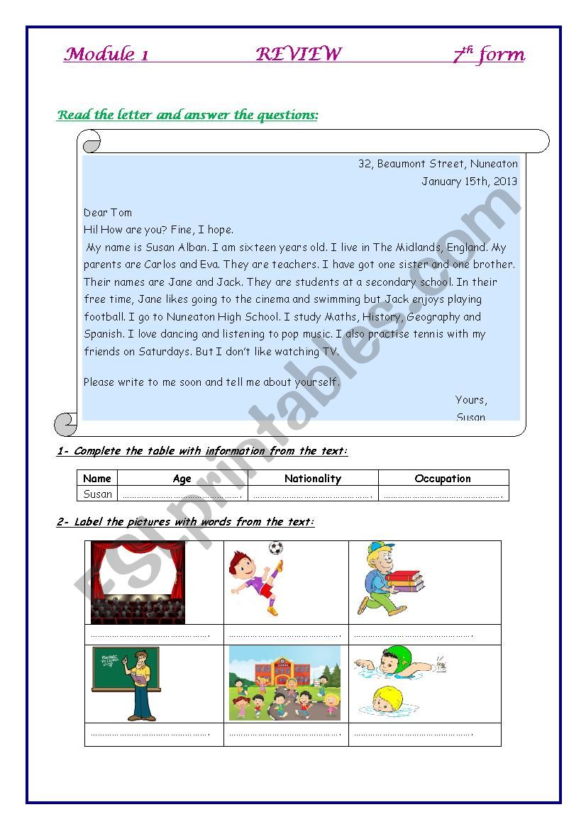 review module one 7th form worksheet