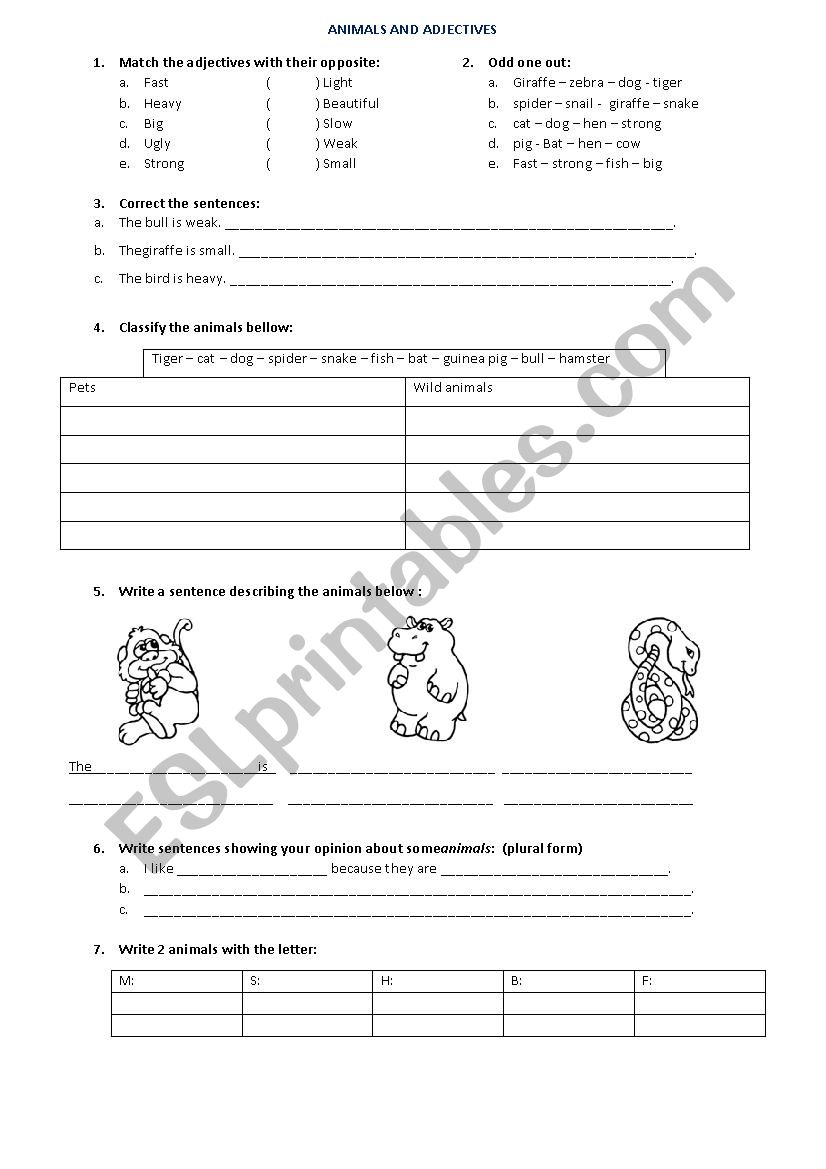 Animals and adjectives worksheet