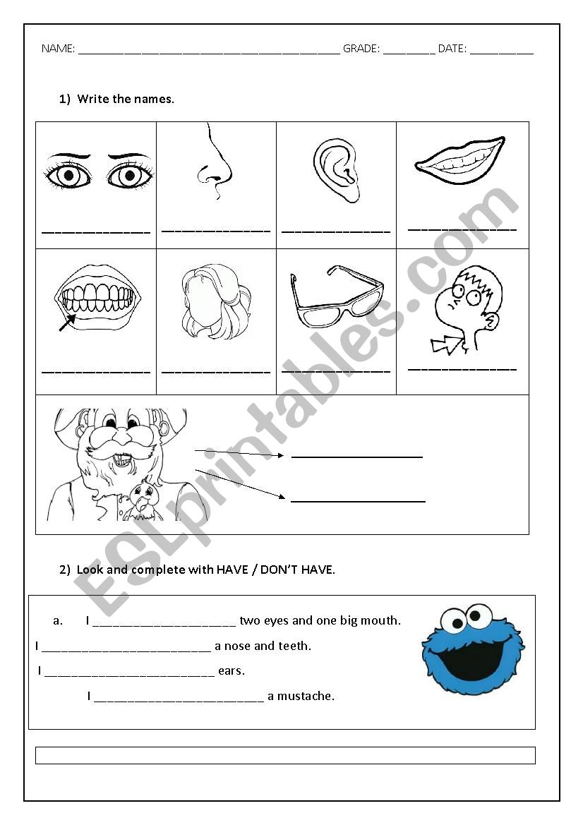 Parts of the face worksheet