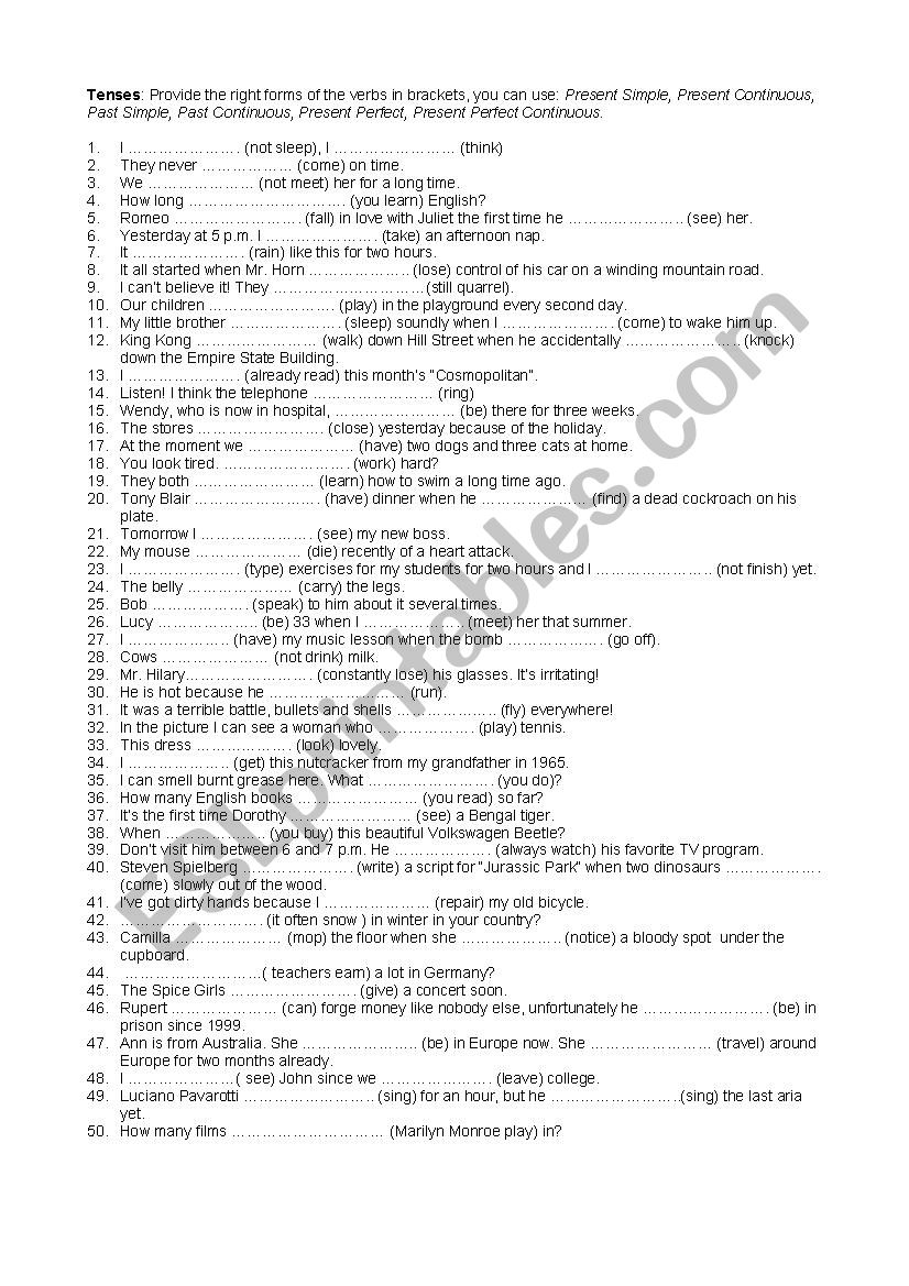 6 tenses revision exercises worksheet