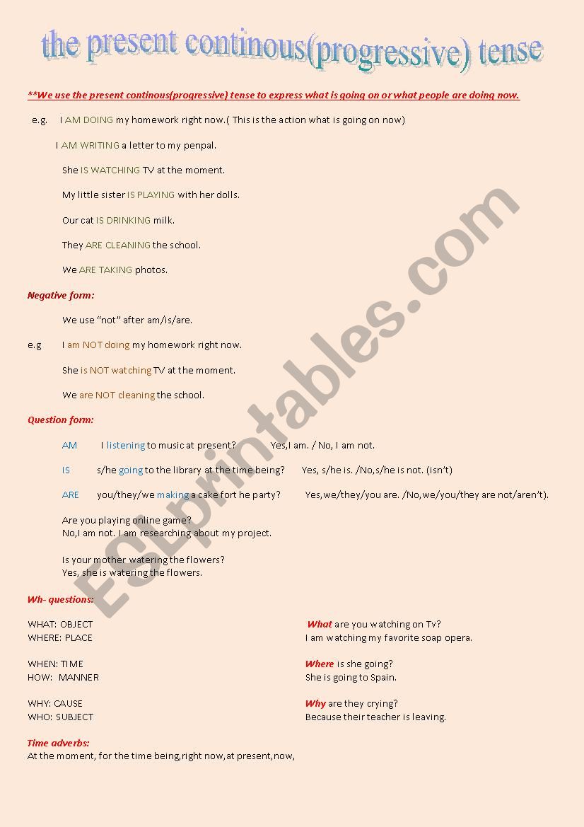 the present continous tense worksheet