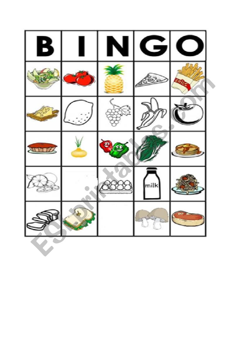 bingo food worksheet