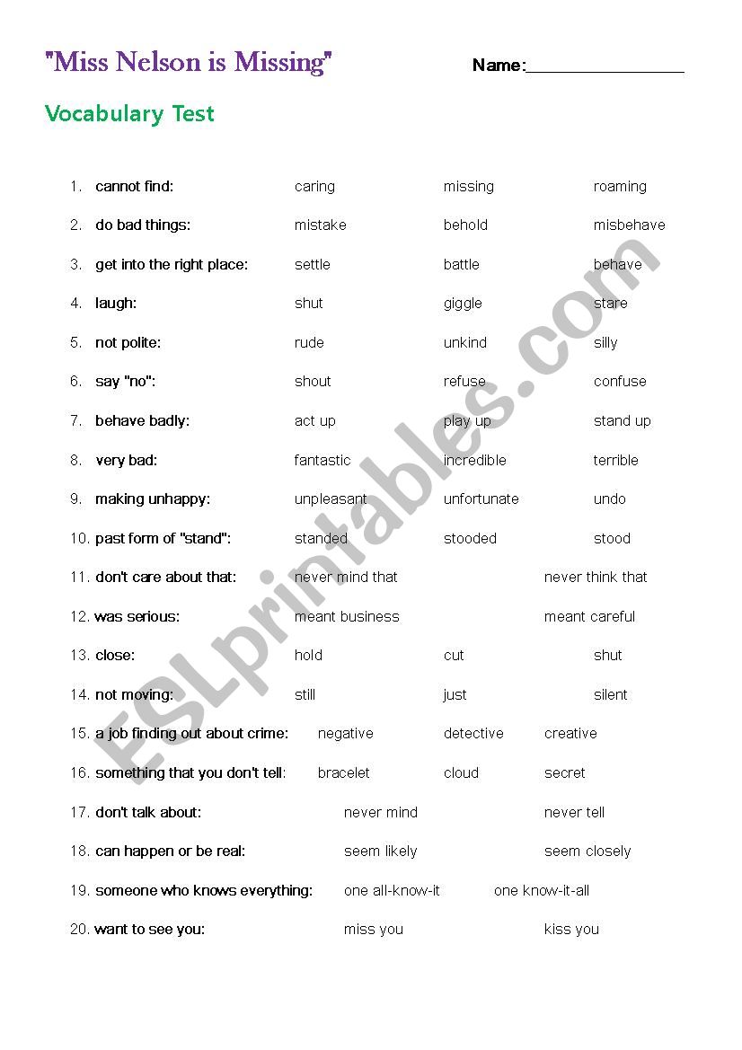 Miss Nelson is Missing Vocabulary test