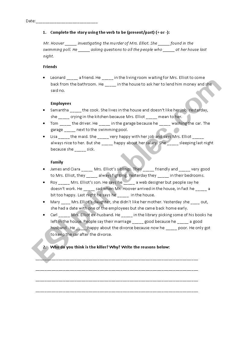 The murder os Mrs.Elliot worksheet