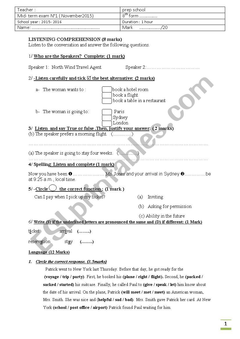  8th form Mid term test1 worksheet
