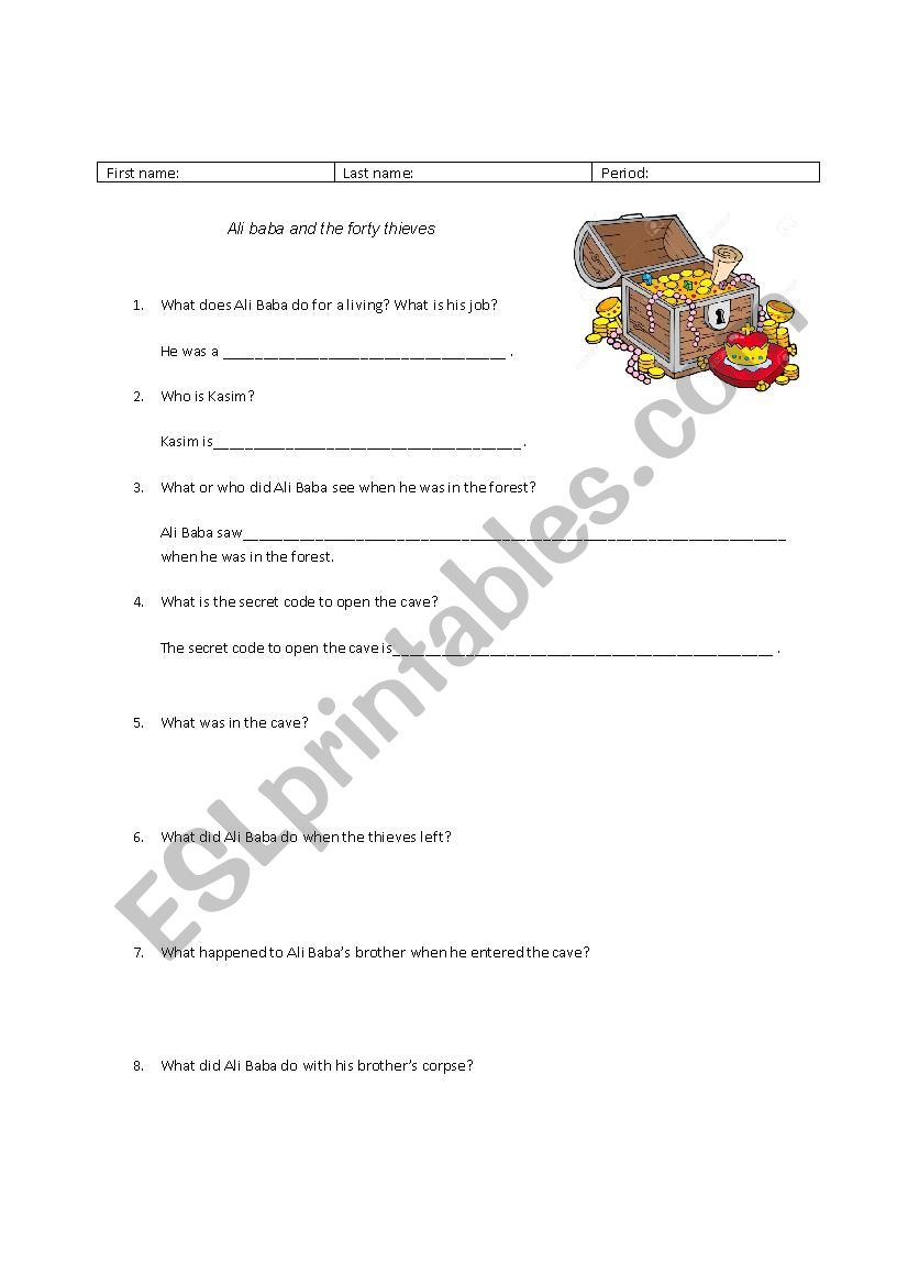Ali Baba and the Forty Thieves level 1 ESL reading worksheet