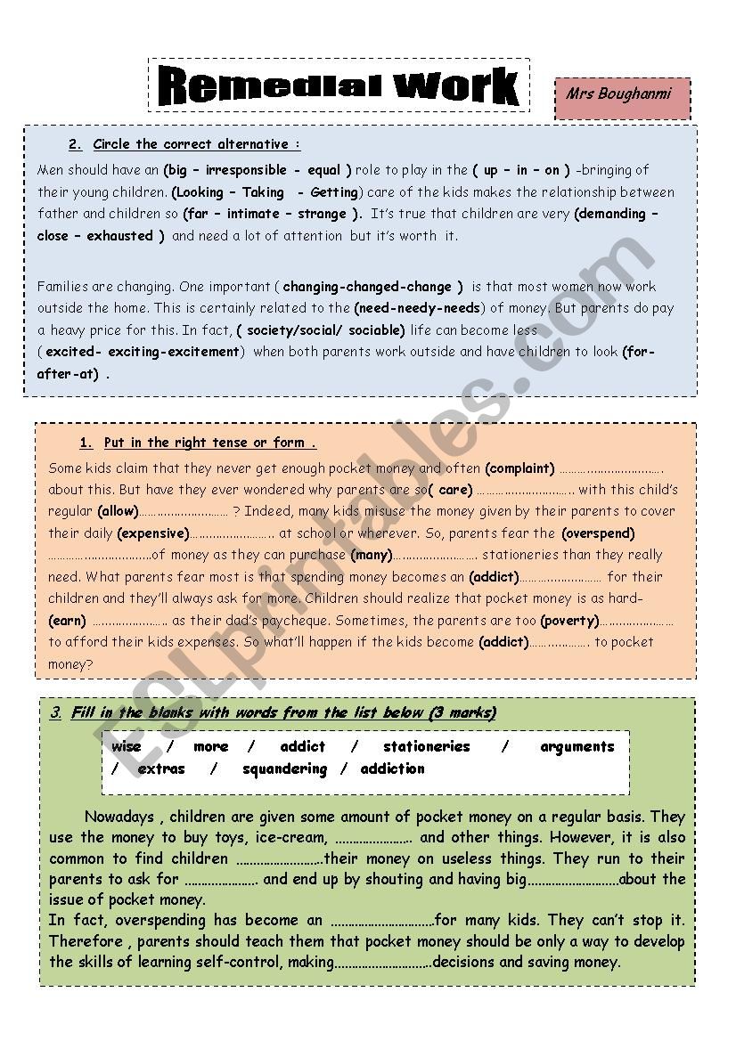 remedial work 9th formers worksheet