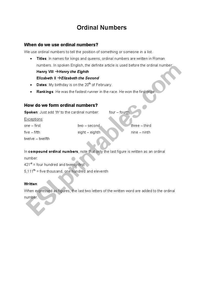 ordinal numbers worksheet