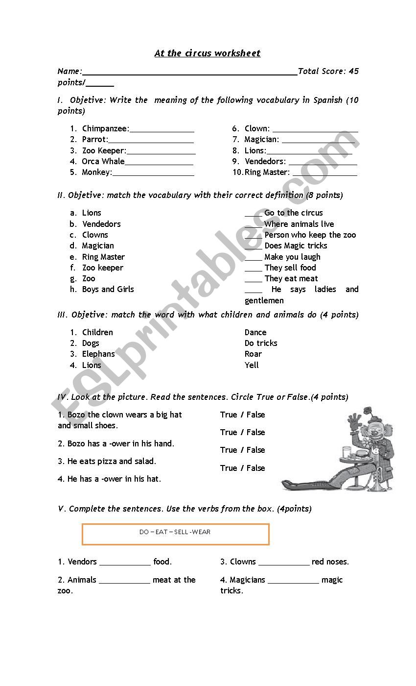 At the circus worksheet