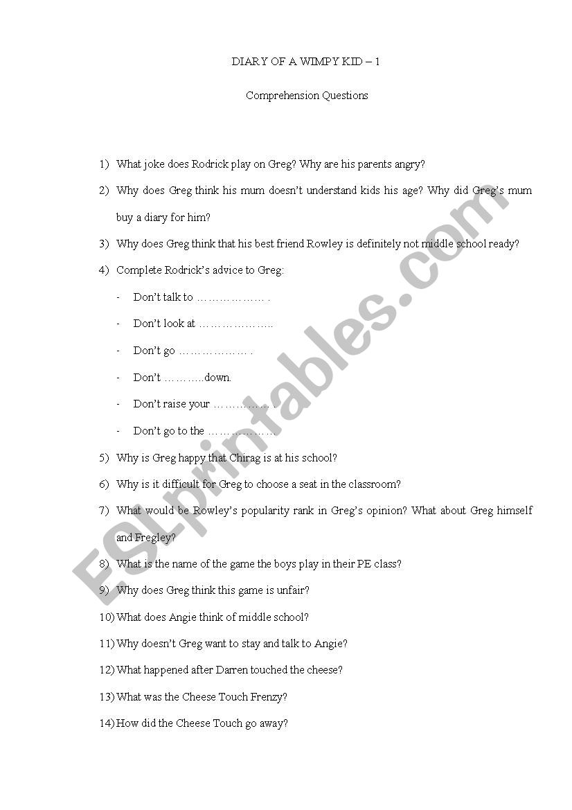Diary of a Wimpy Kid - 1 worksheet