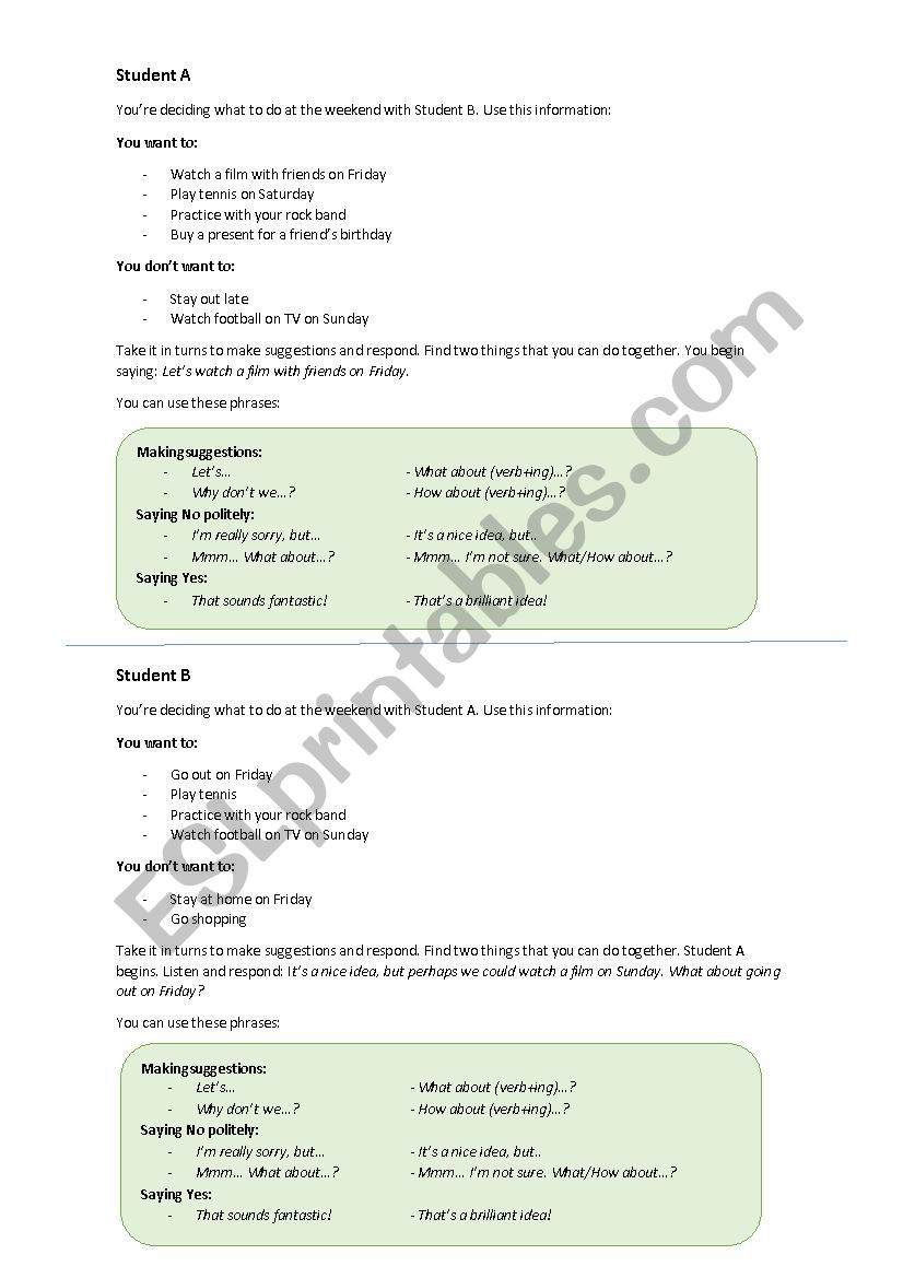 Making suggestions worksheet