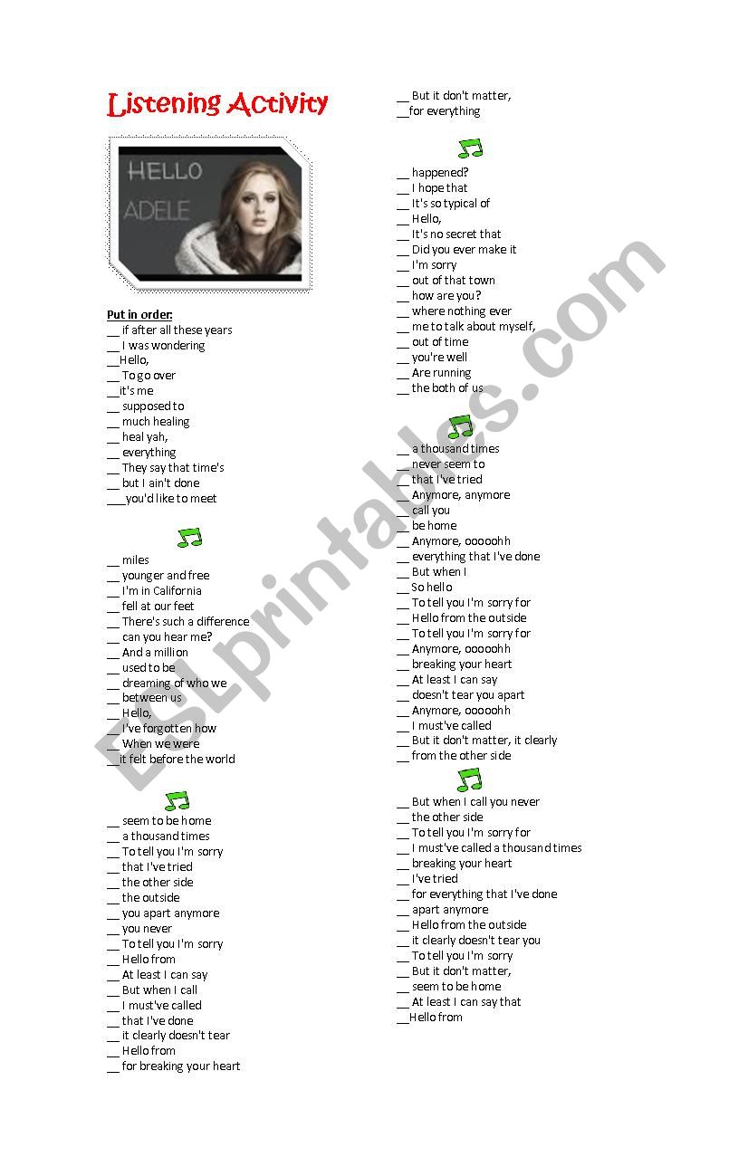 NEW SONG ADELE HELLO Listening activity key 