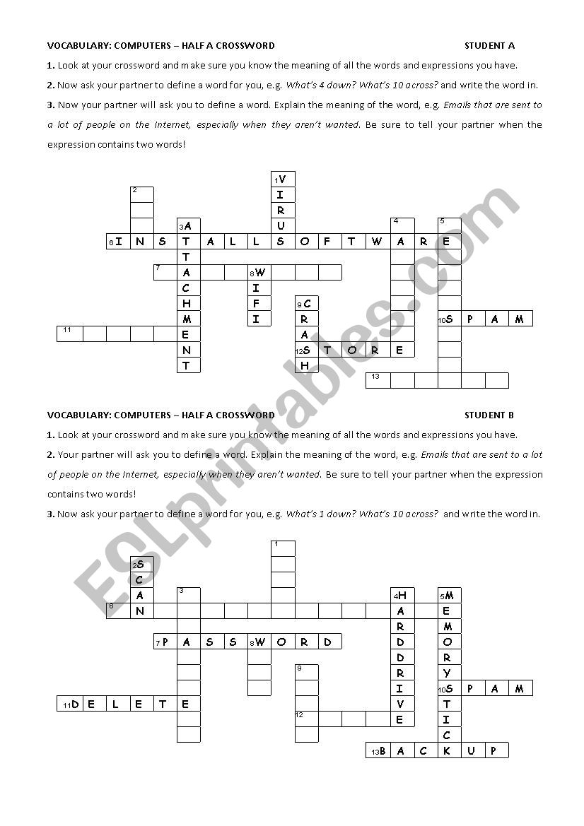 Computers: half a crossword worksheet