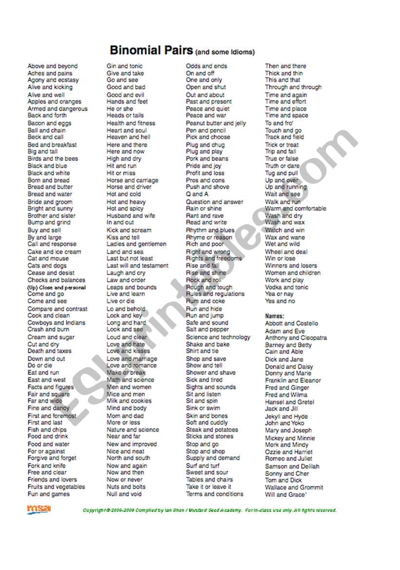 Binomial Pairs List worksheet