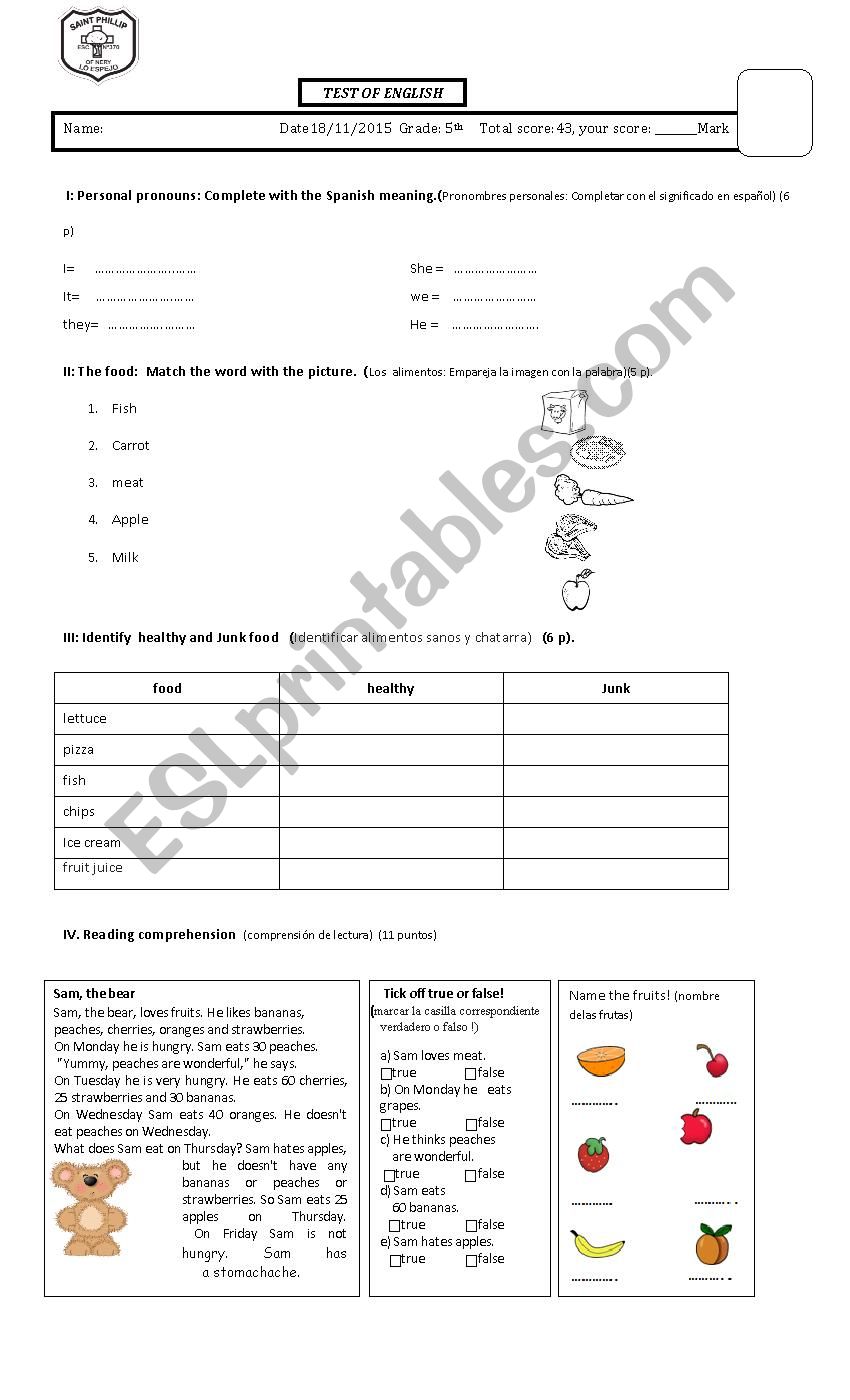Test 5th  worksheet