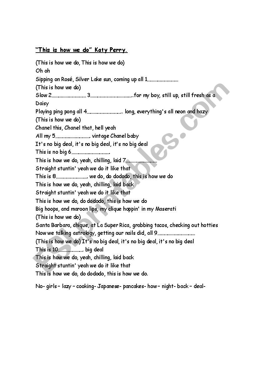 This is how we do. Katy Perry worksheet