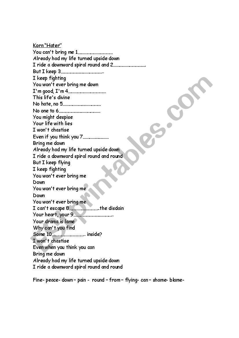 Korn. Hater worksheet