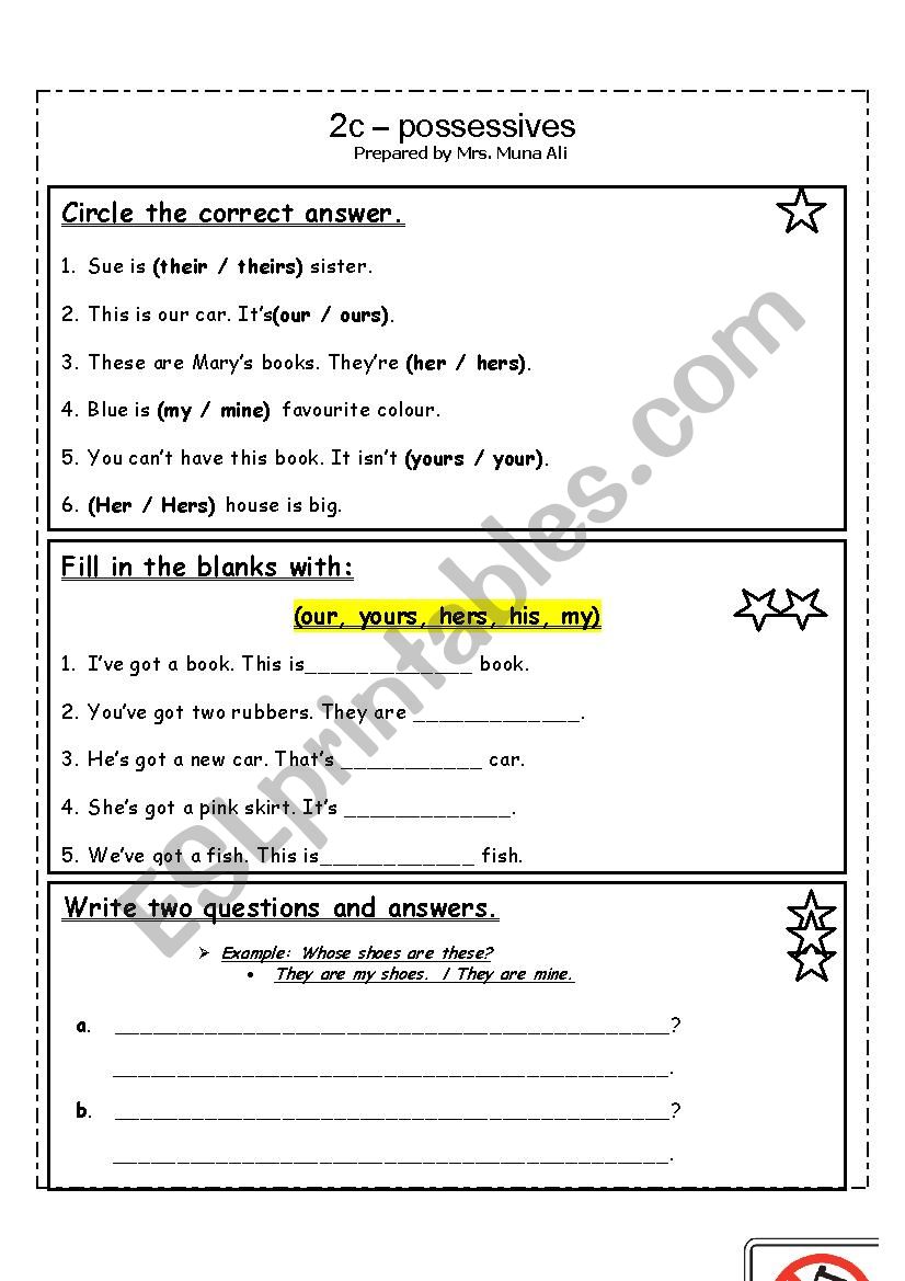 possessives worksheet