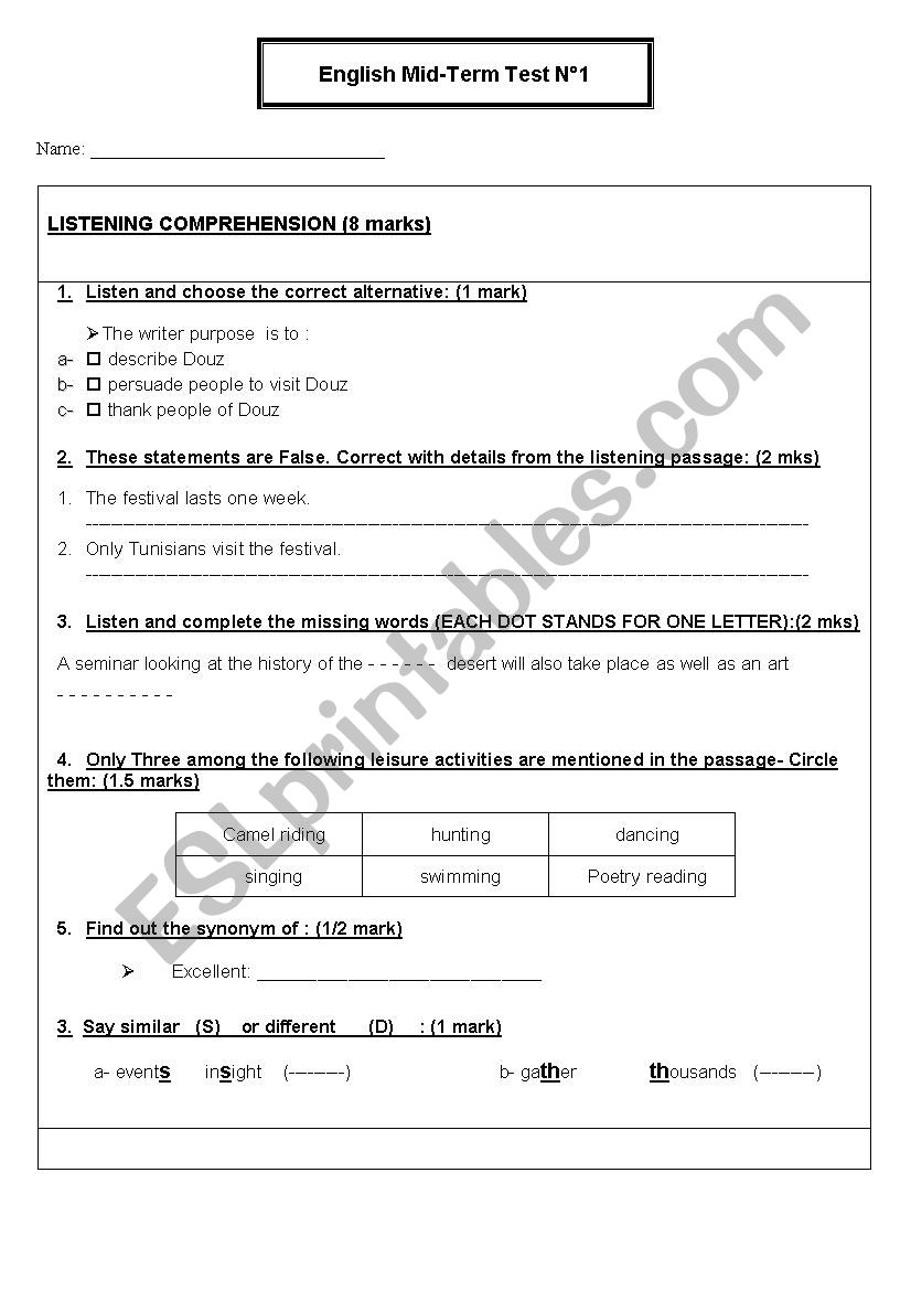 devoir de control bac 1 worksheet