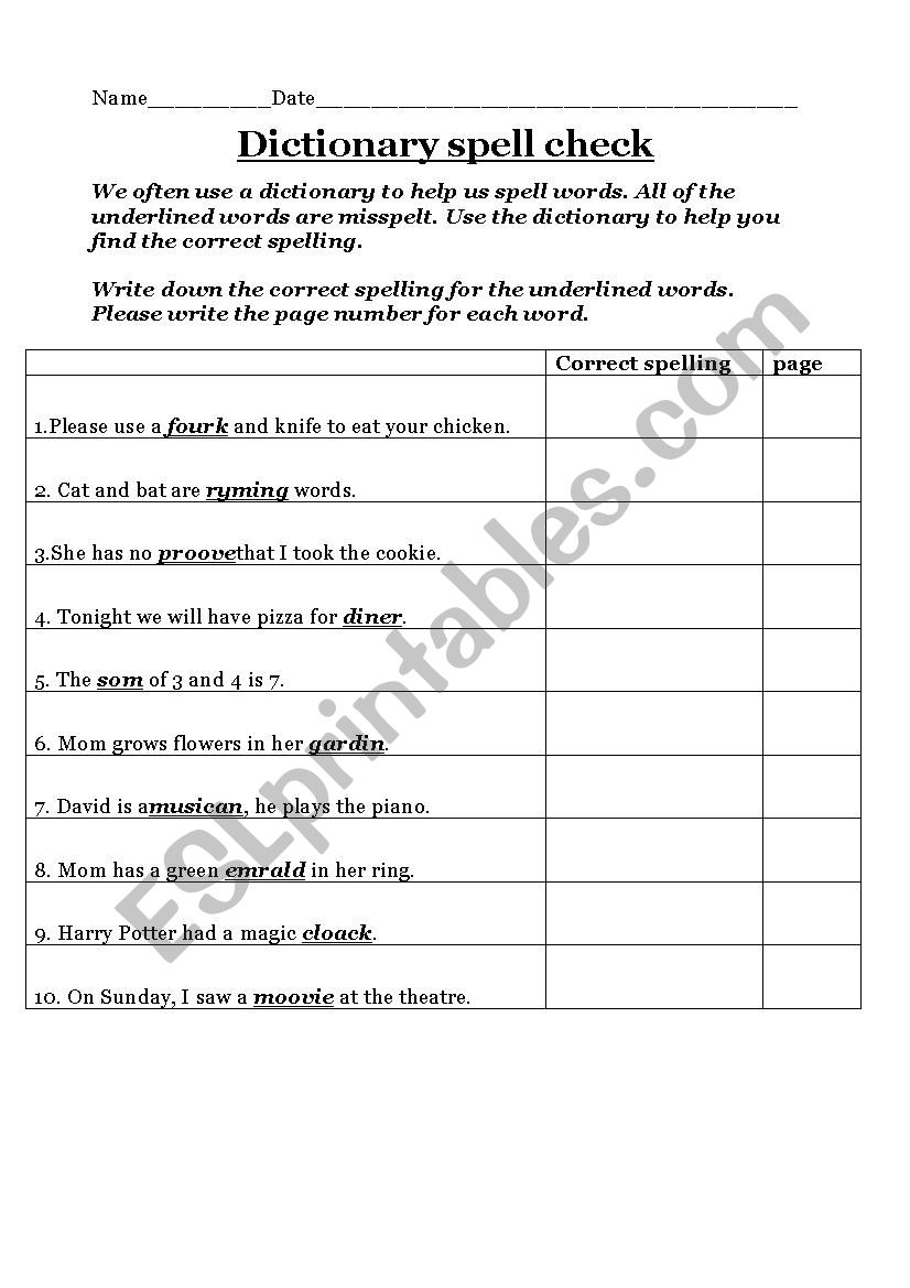 Dictionary spell check worksheet