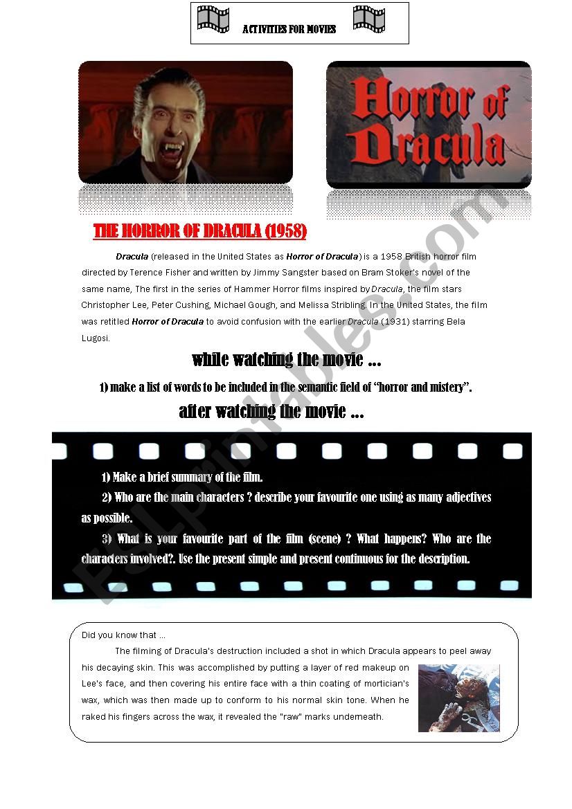 HORROR OF DRACULA (1958) MOVIE WORKSHEET