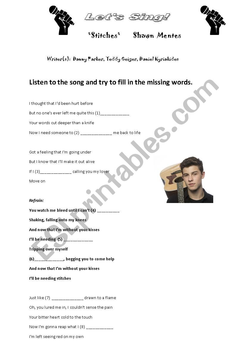 Song Worksheet  Stitches Shawn Mentes