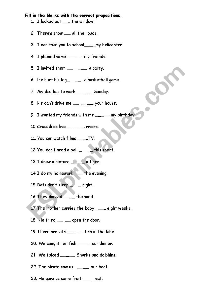 prepositions worksheet