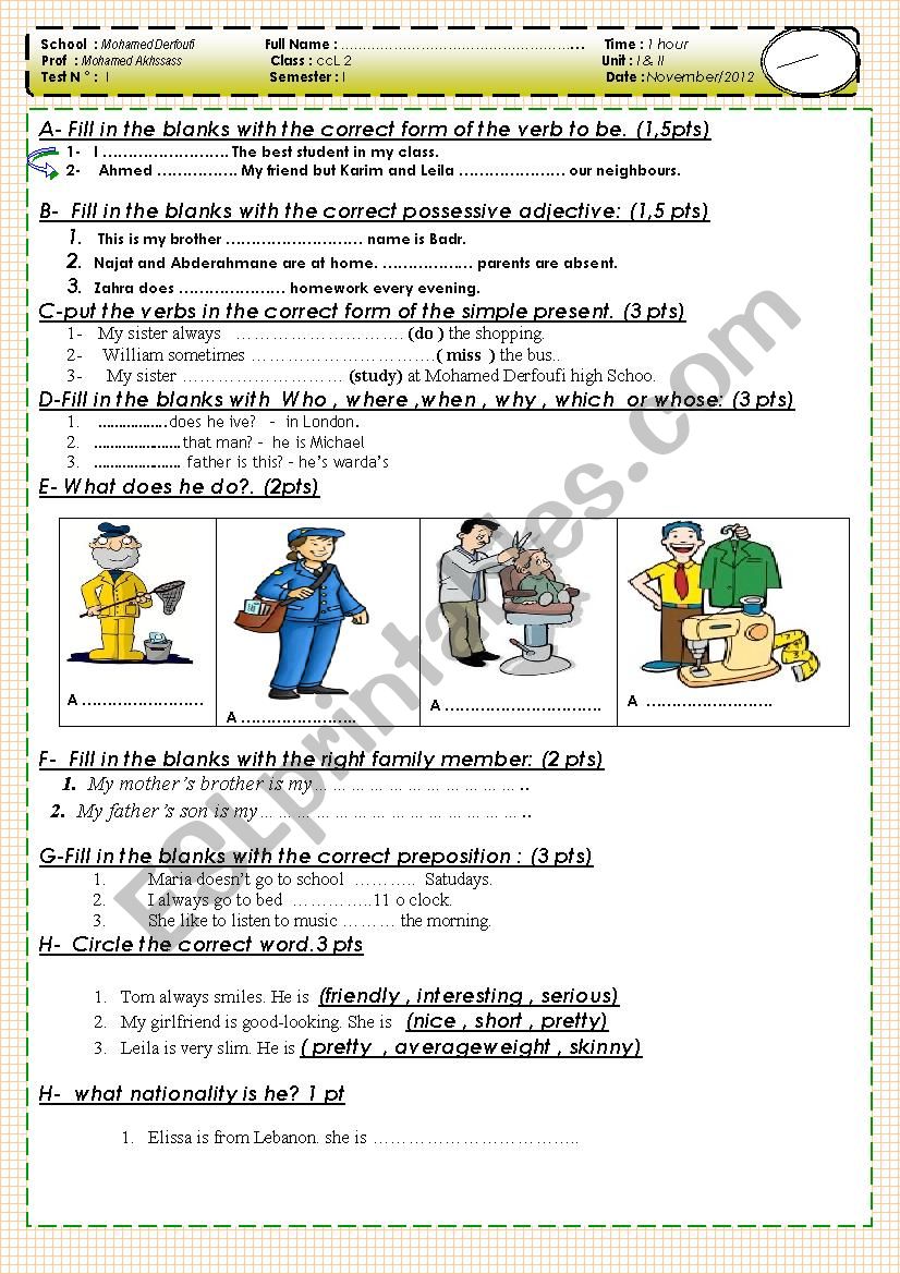 Test For Common core classes worksheet