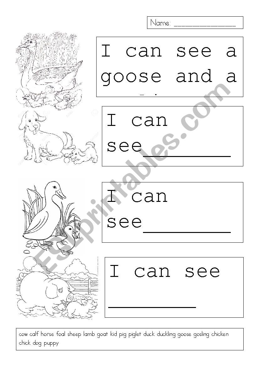 Farm animals and young worksheet