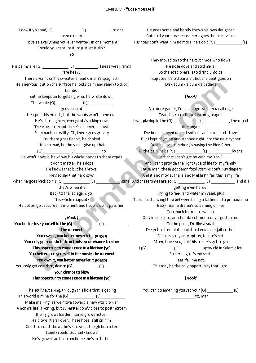 Eminem - Lose yourself worksheet