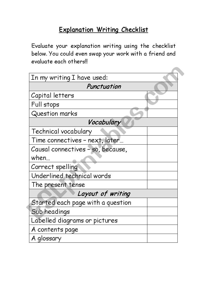 Explanation Writing Checklist worksheet