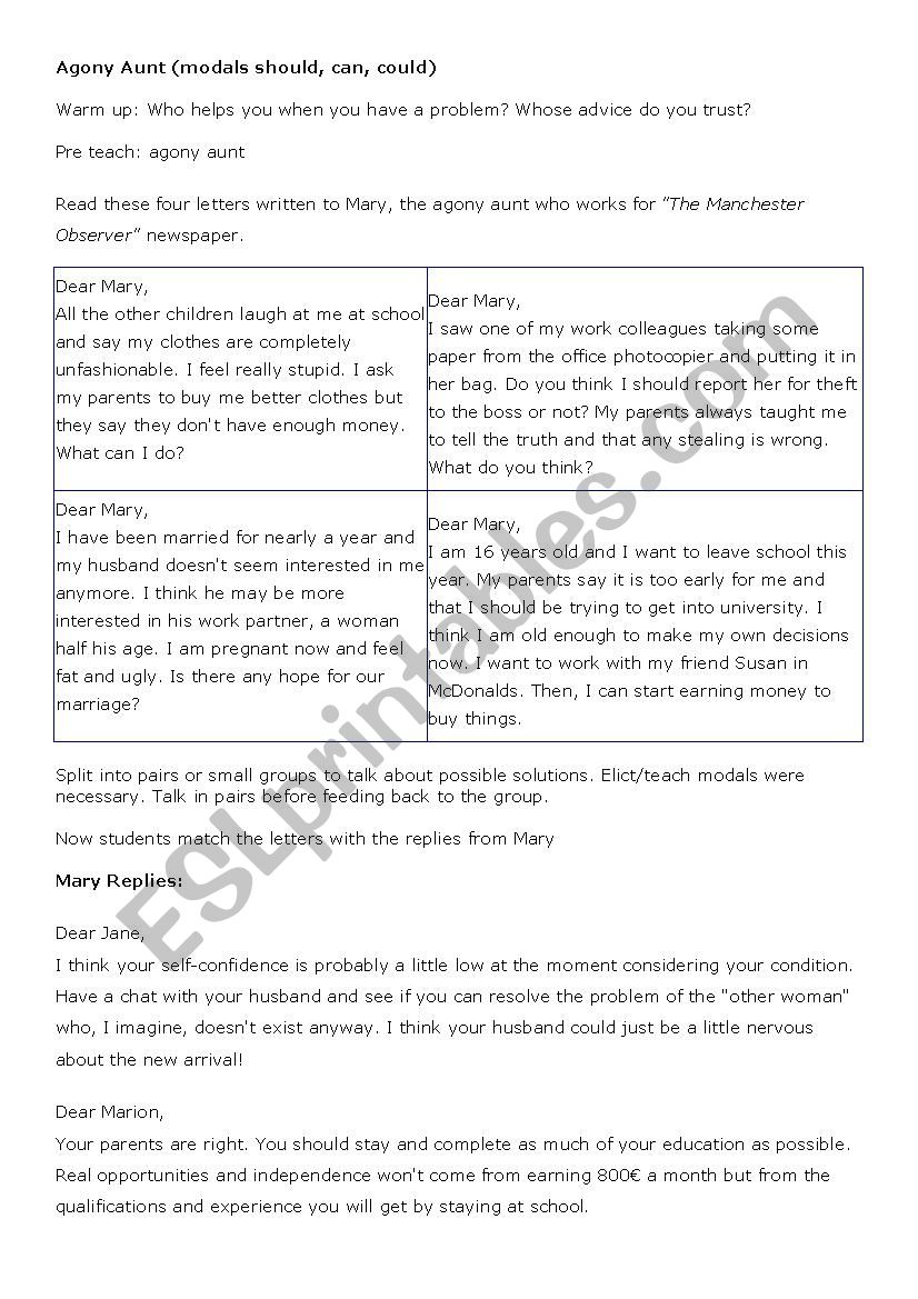 agony aunt modals practice worksheet