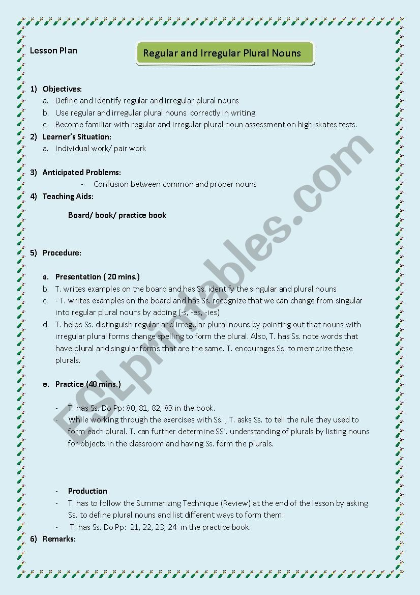 Lesson plan Grade 5 (regular and irregular plural nouns)