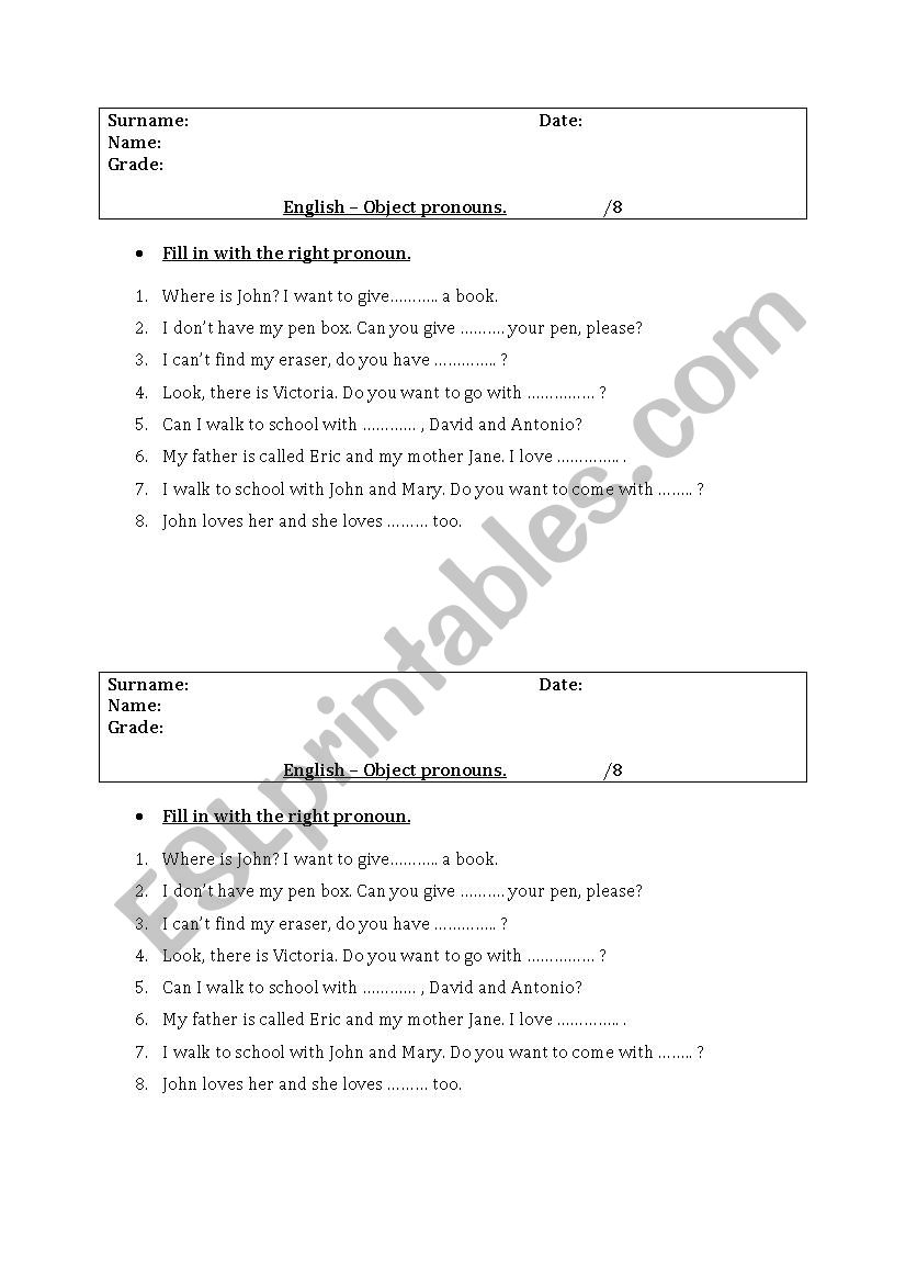 Object pronouns test worksheet