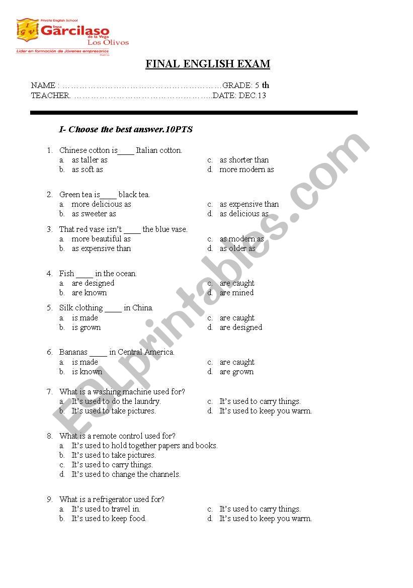 exam worksheet