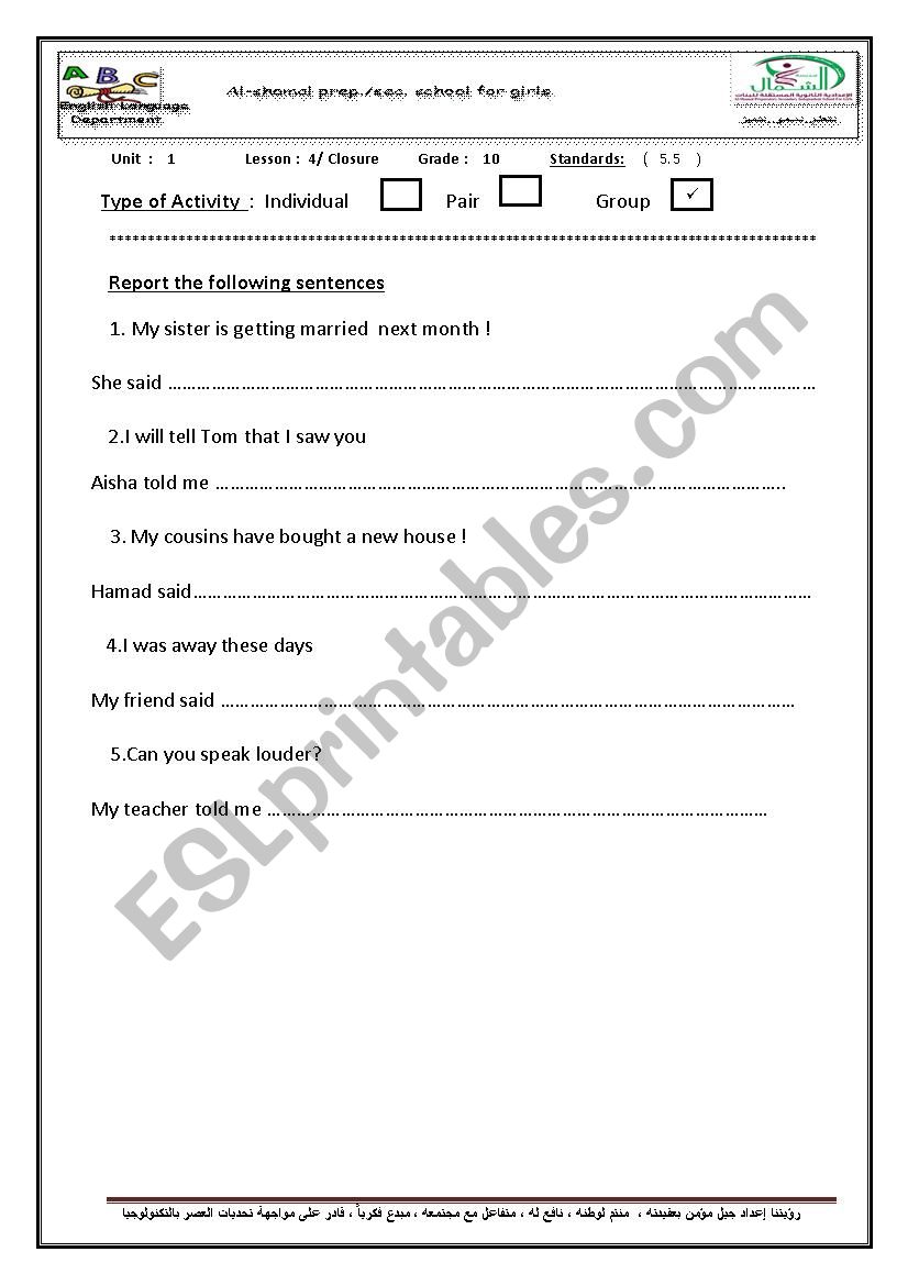 reported speech prctice worksheet