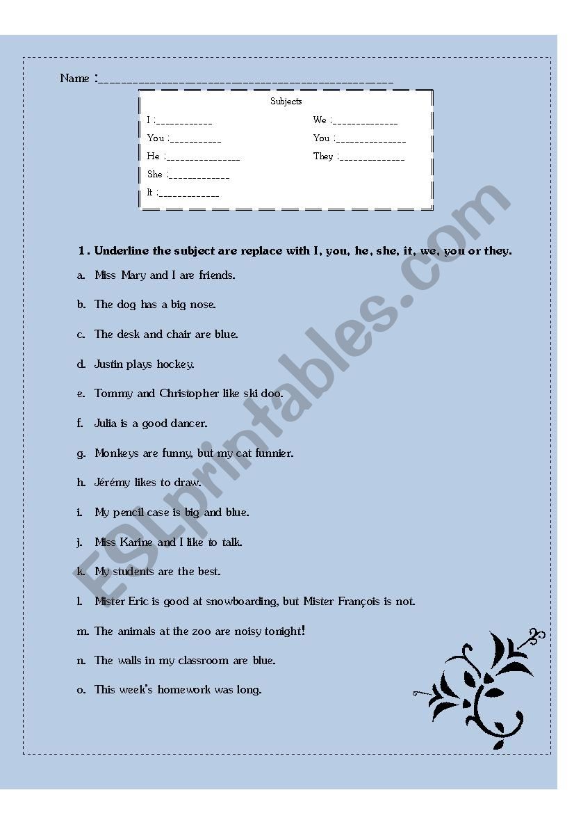 Subjets, personnal pronouns worksheet