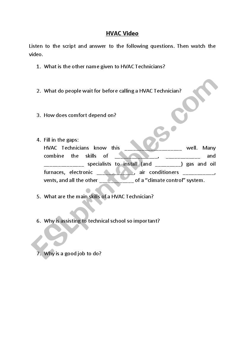 HVAC exercise on vidÃ©o worksheet