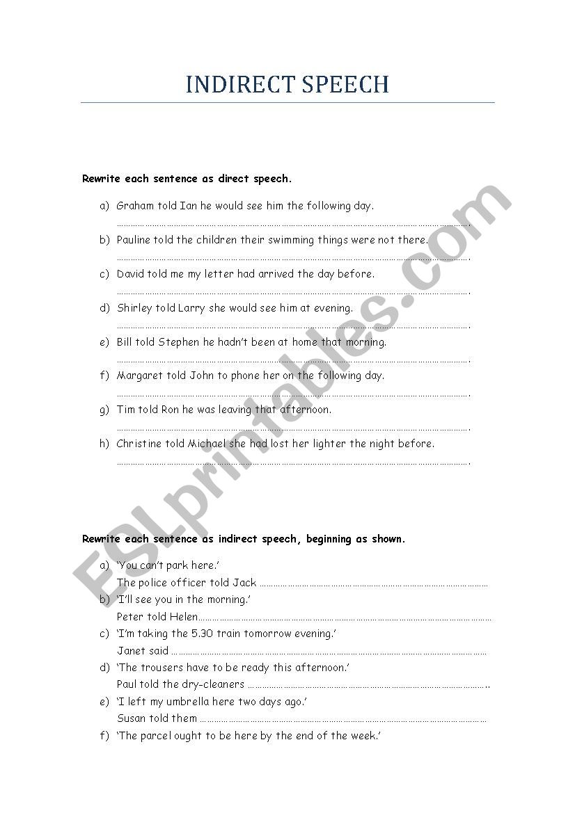 indirect speech worksheet