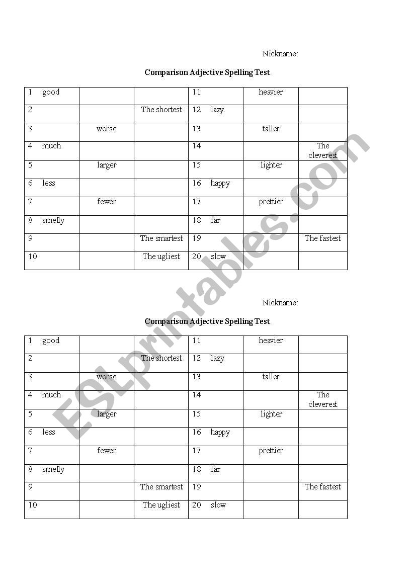 Comparison Adjective Spelling 1